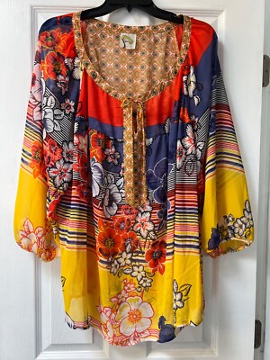 Fig and Flower Sheer 3/4-Sleeve Multi-color Boho-style 2XL Blouse