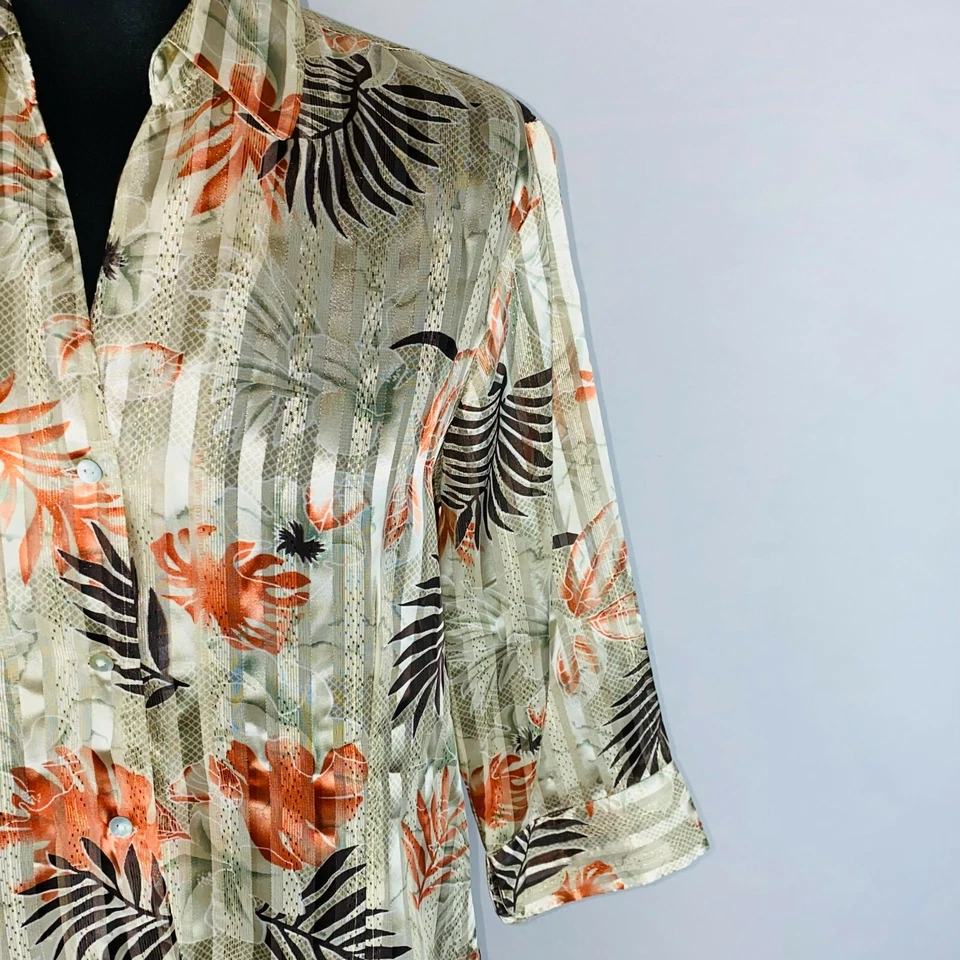 Camisa Piano Mujer Satinada Metálica Rayas Única Informal Estampado de Hojas S Foto 2 de 4