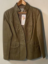 Heine Leather Jacket With Embroidered Panels & Pockets Taupe Uk Size 14