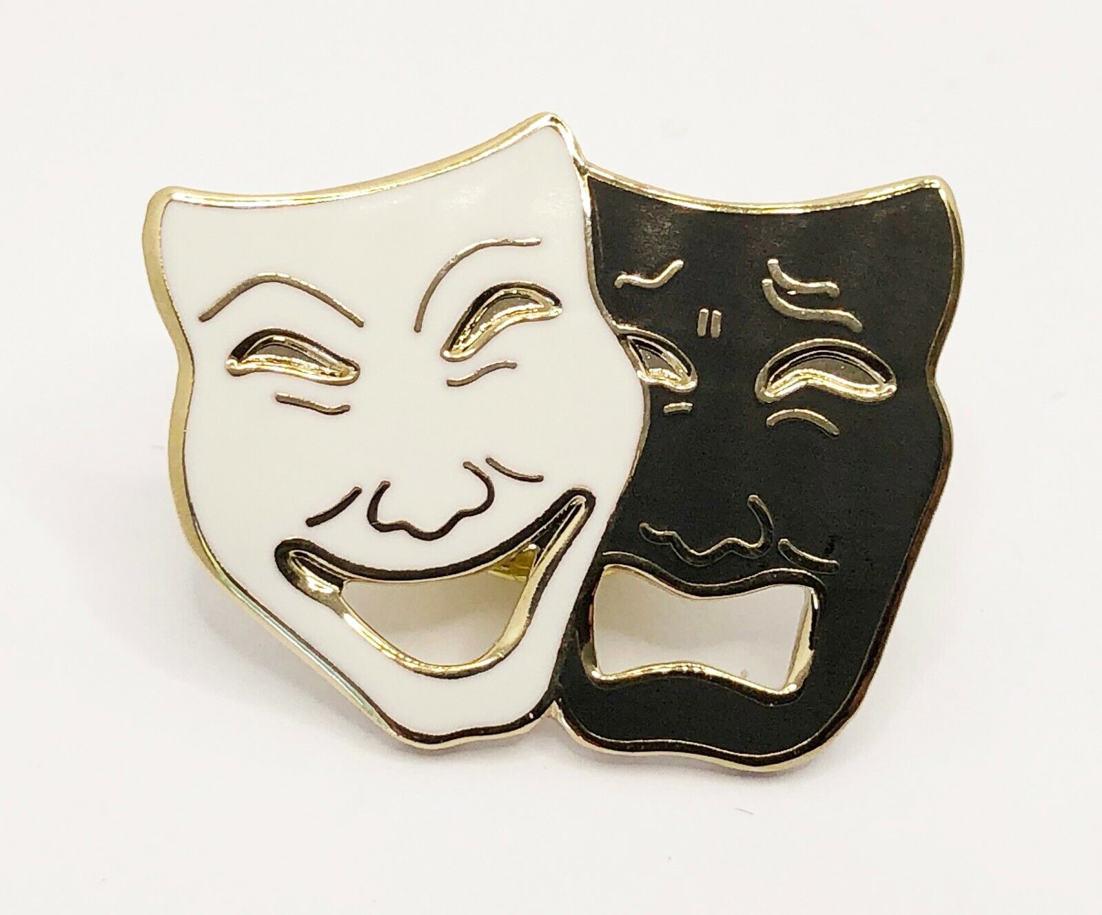 Black and White Enamel Comedy Tragedy Theater Mask Pin - Ruby Lane