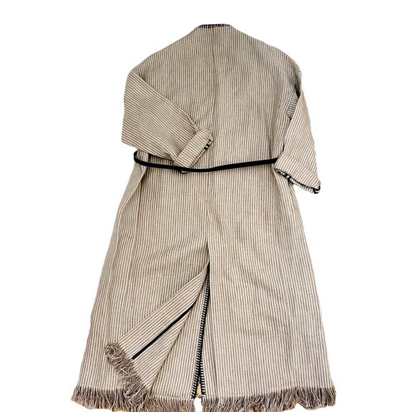 Zara Woman Stripe Wrap Dress Coat Sz Med Belted Linen Fringe Hem Roll Up Sleeves thumbnail 5
