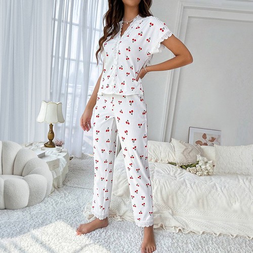 Elastic Waistband Pajama Set Bedtime Attire Cherry Print Lace Splicing with Neck