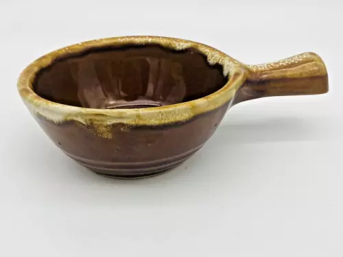 Western Monmouth Pottery Soup Bowl Maple Leaf USA Handled Soup Bowl Brown Drip