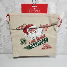 Christmas Burlap Gift Sack 11" X 11" Santa Special Delivery Bag Draw String New