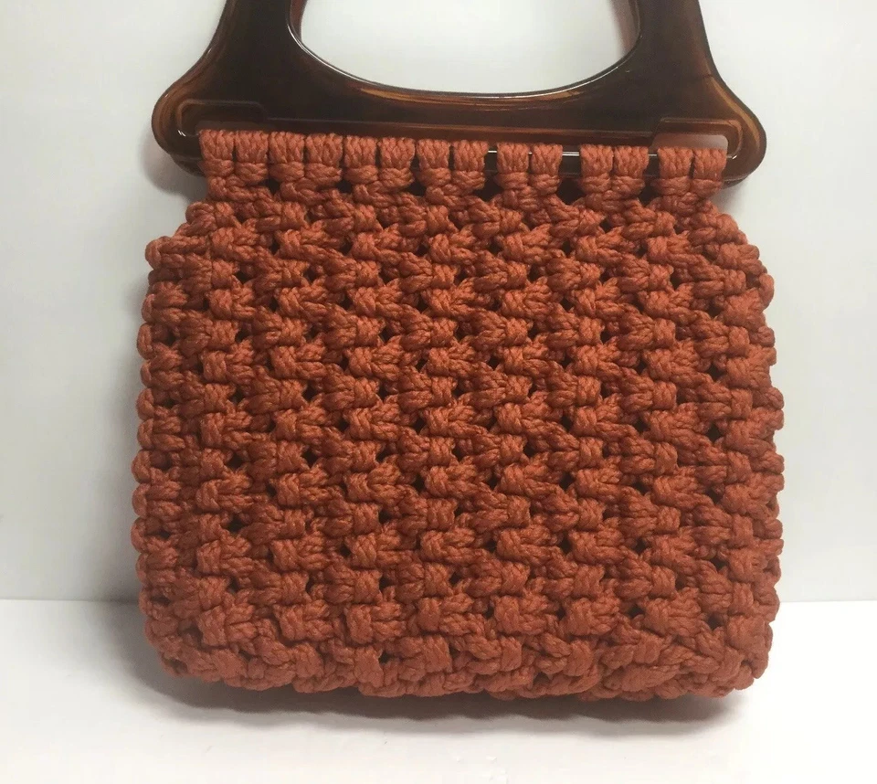 Cartera/bolso de mano vintage años 70 boho hecho a mano macramé asas naranja quemado forrado Foto 4 de 4