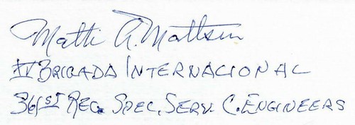 RARE!! “Spanish Civil War” Matti Mattson Hand Signed 3X5 Card COA