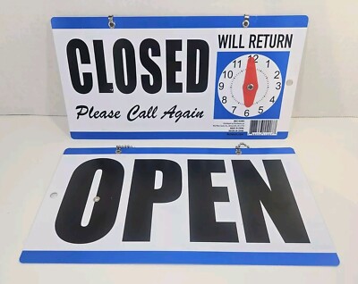Lot of 2 Open Closed Plastic Signs with Will Return Clock Hanging Chain 11.5x6