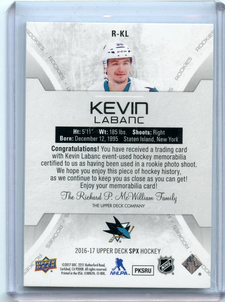  2016-17 SPx Rookies Red #R-KL Kevin Labanc JSY 65/235 - Image 2 of 2