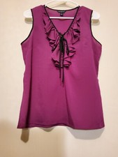 Banana Republic Purple/Black Ruffle V-Neck W/Tie Sleeveless Blouse Top sz Medium