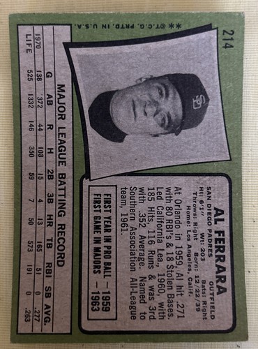 1971 Topps Al Ferrara #214 Padres OF (CA League 185 Hits 116 Runs .352 Avg 1960) - Picture 2 of 2