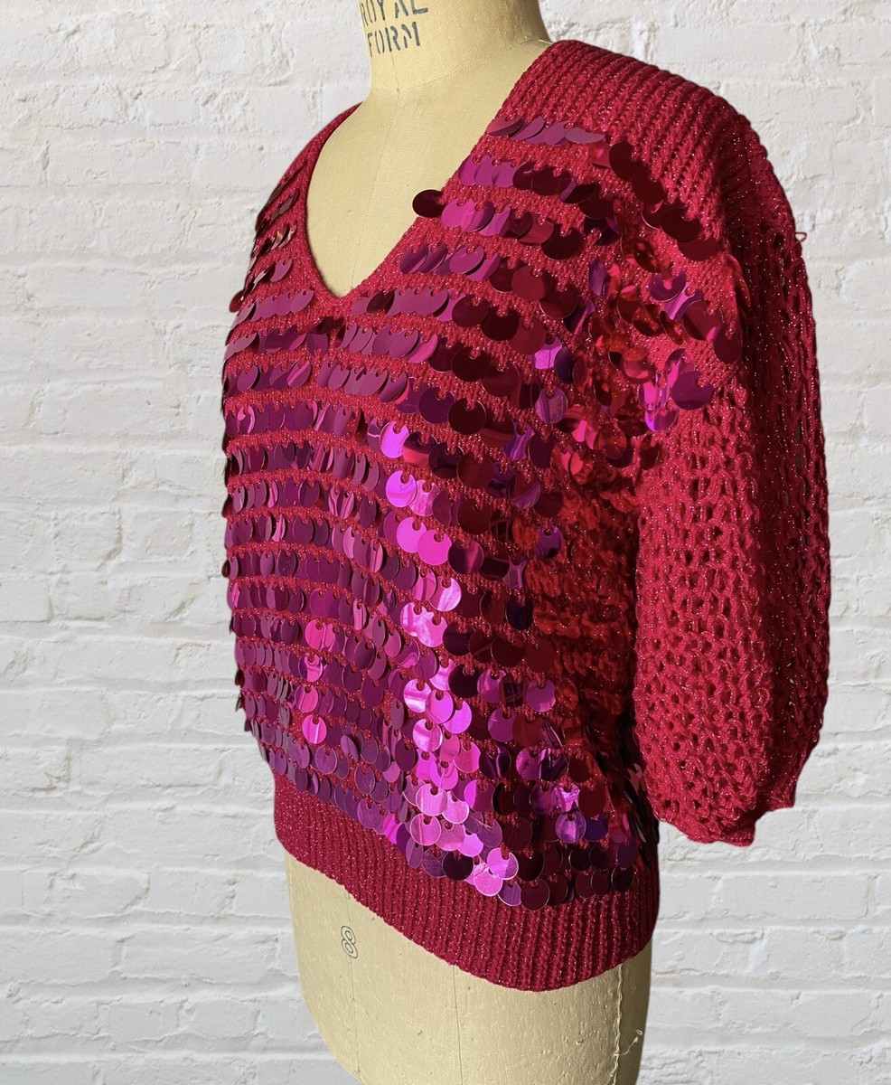 Hot Pink Handknit Sparkly Sweater Round Paillette Sequins