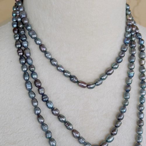 Vintage Freshwater Baroque Pearl Necklace 60" Flapper Rope Blue Metal Grey - Picture 5 of 11