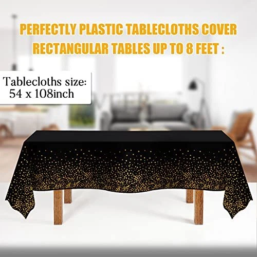Tablecloths for Rectangle Tables, 3 Pack Plastic 54" x 108" Black Gold Dot - Image 2 of 4
