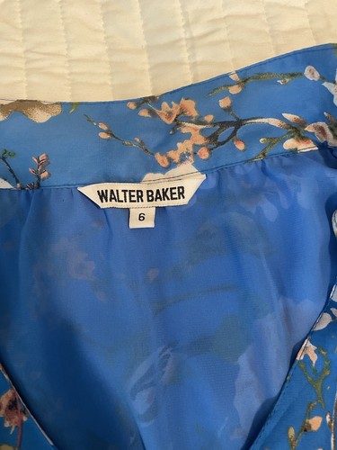 Anthropologie Walter Baker Blue Floral Birds Ruffled 3/4 sleeve Dress Sz 6 Bow - Picture 8 of 13