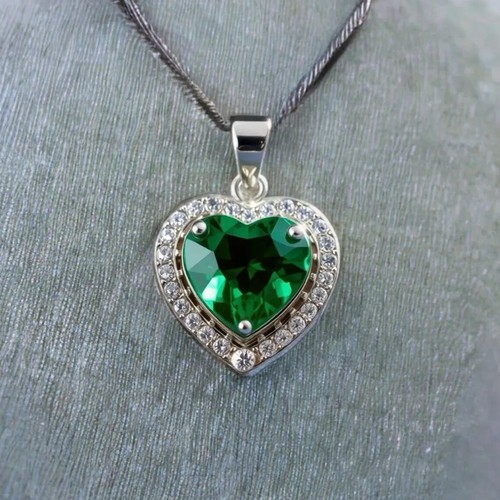 2Ct Heart Cut Lab Created Emerald Diamond Halo Pendant 14K White Gold Plated