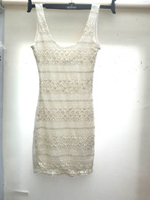 Ladies New Look Cream Patterned Lace Metallic Details Sleeveless Dress Size 8