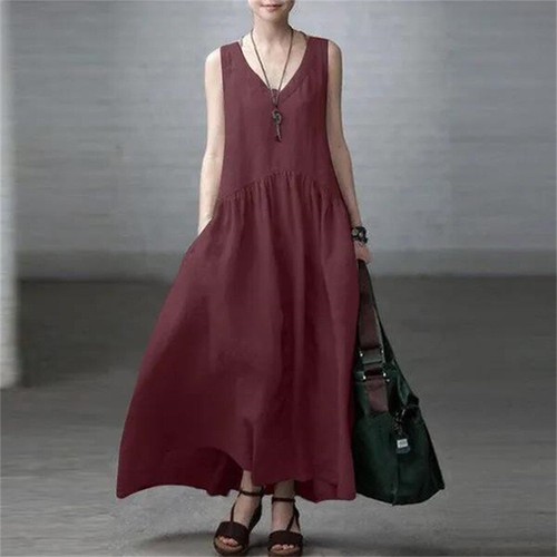 Womens Cotton Linen V Neck Long Sundress Casual Beach Maxi Dresses Retro - Picture 8 of 11