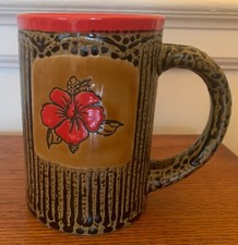 Red Hibiscus Textured Wild Baboo Safari Tropical Mug Coffee Cup 4.75" h