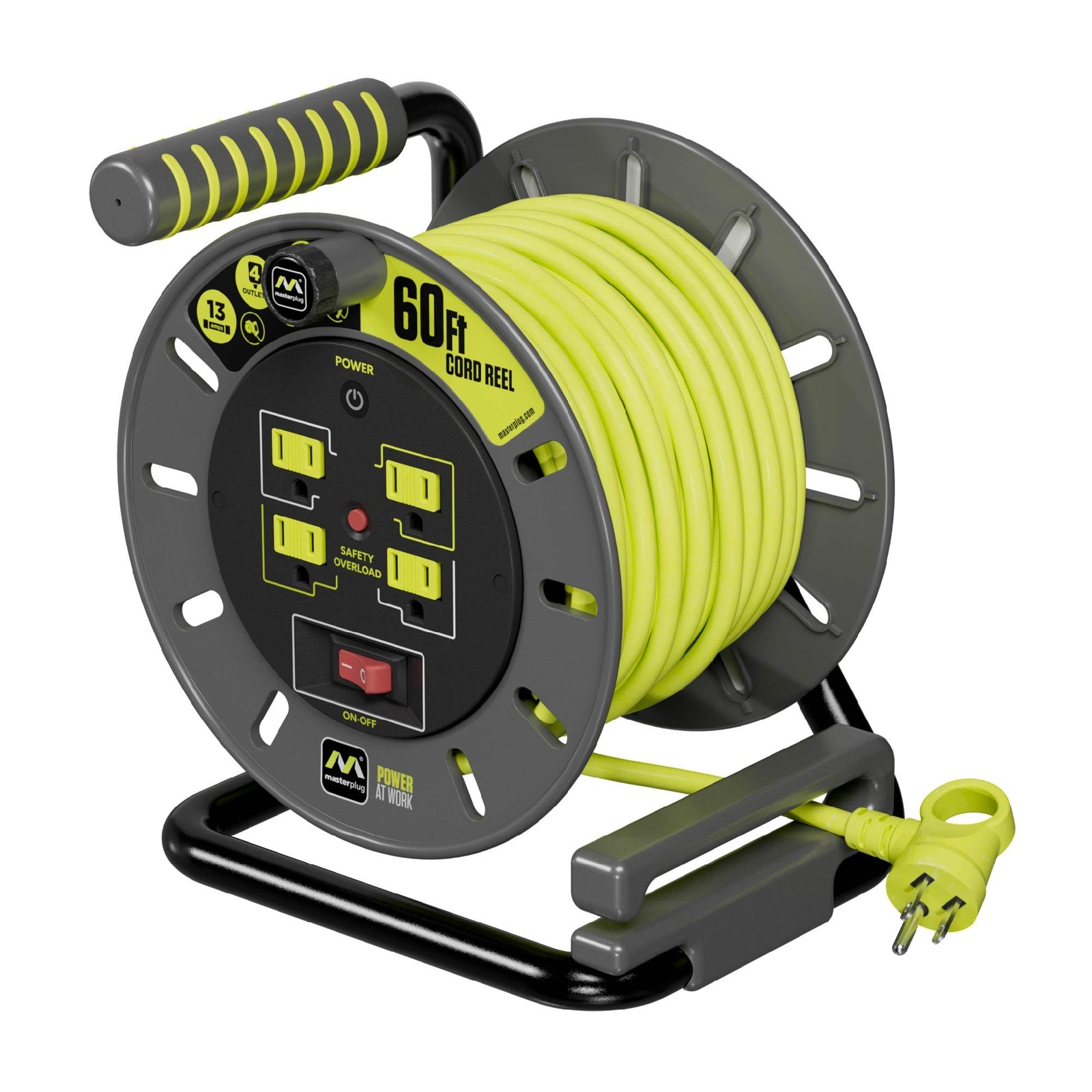 Masterplug 60ft Cord Reel, Retractable Extension Lead with Winding Handle,