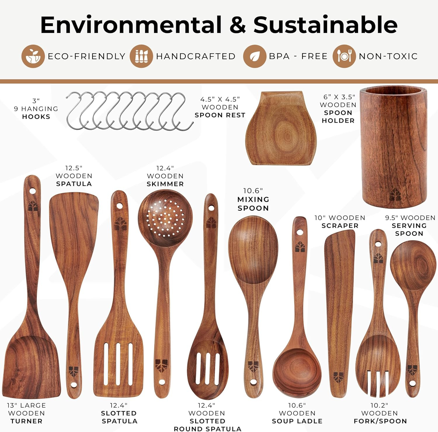 Set Utensili Cucina in Legno 100% Naturale | Eco-Friendly 12 Pezzi - 4