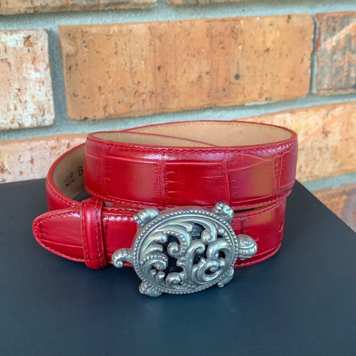 Brighton Red Leather Embossed Silver Buckle Belt VINTAGE Brighton Red Leather Belt with Silver Buckle Made in  main image 3