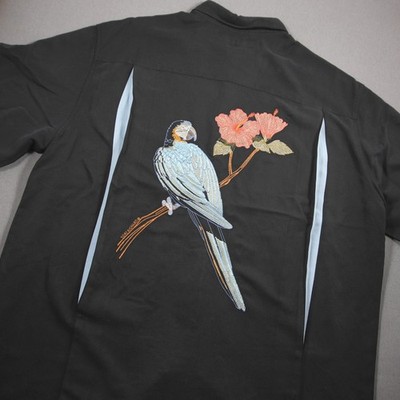 Tori Richard Silk Embroidered Big Parrot Bird Hibiscus Back Men Shirt XL Black