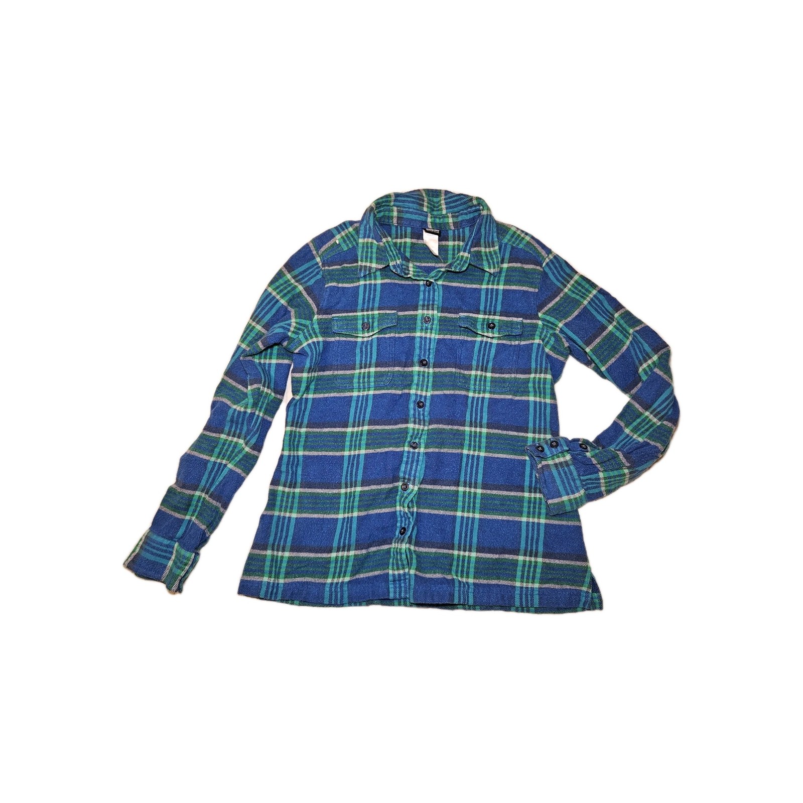 Patagonia Women's Organic Cotton Blue Green Plaid LS Button Shirt Size 10