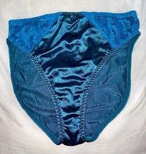 VTG STRETCH SATIN LACE HI LEG HI CUT BRIEF SZ 7 Satin Spandex Nylon Turquois