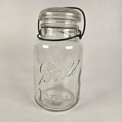 Vintage 1908 BALL IDEAL Clear One quart Mason Jar with Wire Bail and Glass Lid