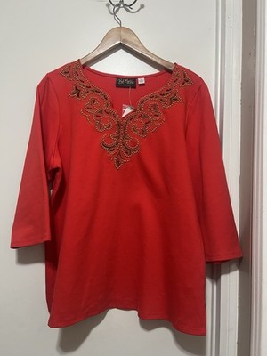 Bob Mackie Wearable Art Red Embroidered Beaded V-Neck Top Women s L NWT