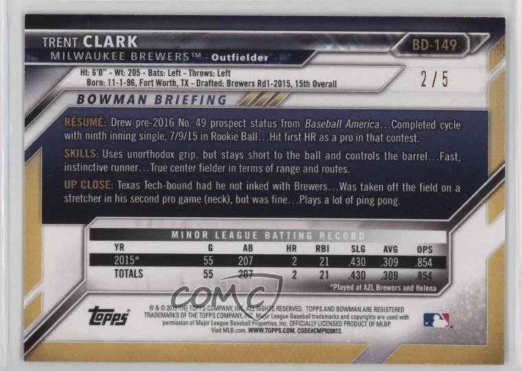 2016 Bowman Draft Top Prospects Red /5 Trent Clark #BD-149 - Image 2 of 2