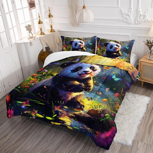 White Panda Comforter 3Pcs Panda Animal Themed Bedding Full Butterfly Bamboo - Picture 2 of 6