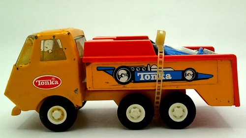 Vintage TONKA TRANSPORTER & RACE CAR 5.5" Multicolor Pressed Steel-Chipped paint
