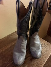 VINTAGE USA Made Tony Lama Cowboy Boots Grey & Dark Blue Design Men's Size 7.5 D