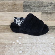 UGG Fluff Yeah Womens Slide Slipper Sz 6 Black Sheepskin Elastic Strap Slingback