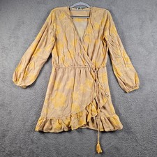 Blue Island Floral Wrap Dress Khaki Gold Rayon Tassel Ruffle Mini Size Medium