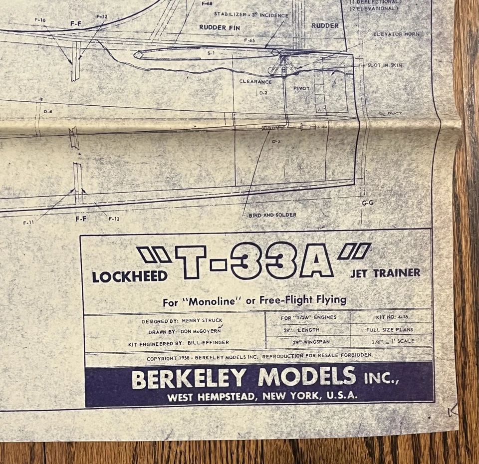FREE SHIP! Vintage 1958 Berkeley Models Airplane Blueprints Plans Lockheed T-33A - Image 2 of 2