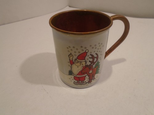 Vintage Copper Enamel Santa Claus Reindeer Snow Cocoa Tea Coffee Mug Unusual - Picture 1 of 6