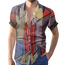 Men's Abstract Print Button Down Shirt  Short Sleeve Vintage Retro Style Top