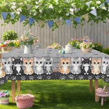 1 Piece of Gray Retro Cute Cat Print Rectangular Tablecloth, Spring Cat, Cat Paw