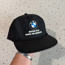 Vintage 1980s BMW Motorcycle Trucker Hat Black Racing Rope Slide Back Adjustable