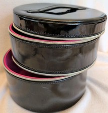 Lancome Black Faux Shiny Leather Cosmetic Case Two Compartments w/Round Mirror