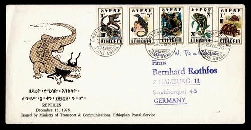 DR WHO 1976 ETHIOPIA FDC REPTILE CACHET COMBO TURTLE TO GERMANY M69583