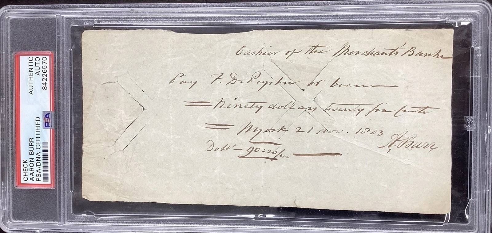 Aaron Burr Autographed Signed Check Vice President November 21, 1803 PSA/DNA 