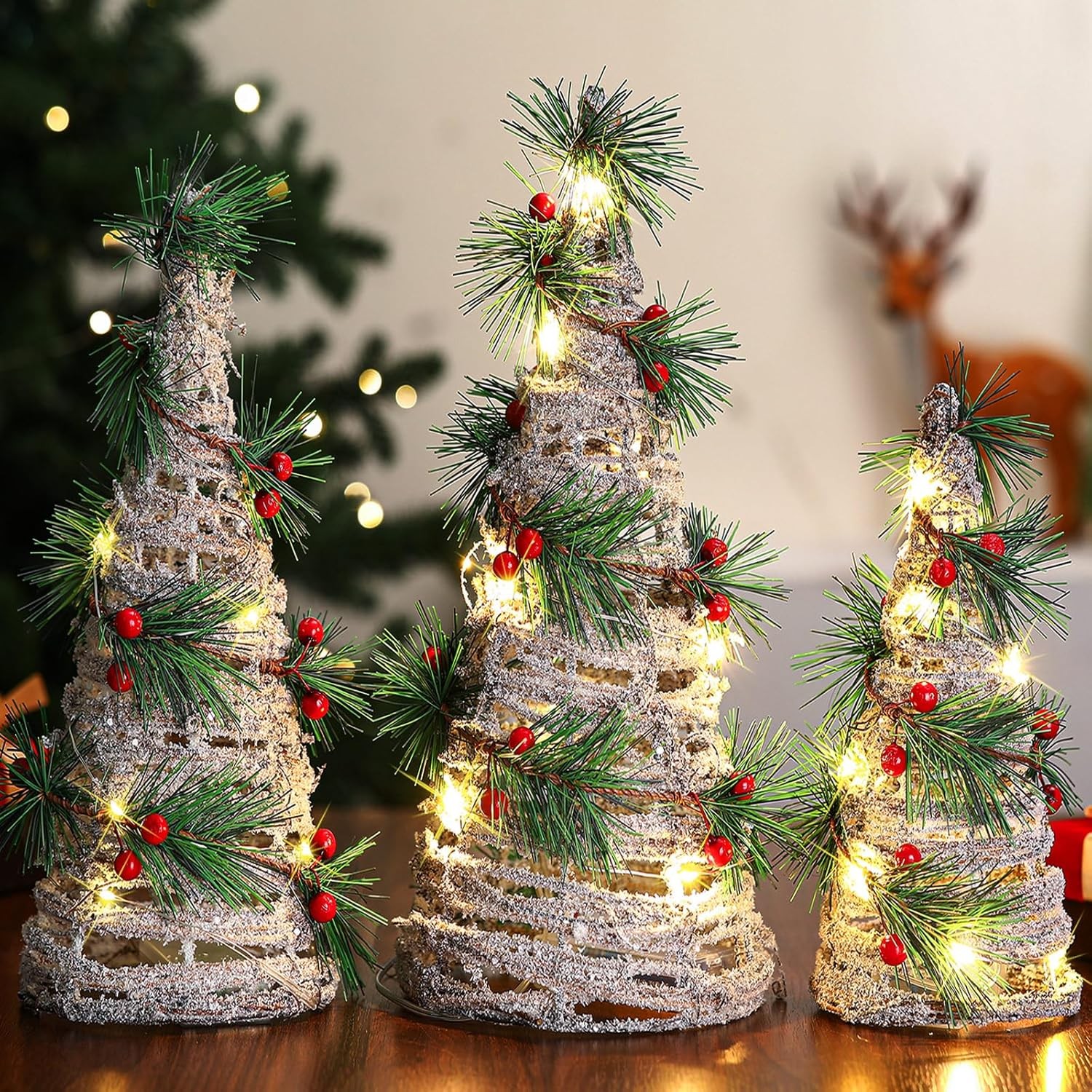 3 Piece Lighted Christmas Rattan Cone Trees Pine Needle Multicolor