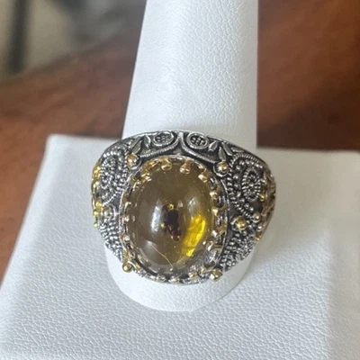 Beautiful Simulated Amber With Bug Inclusion Silver Ring Crown On Sides 12.5 - Image 1 of 4