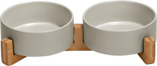 Ceramic Dog and Cat Bowl with Wood Stand Non-Slip Matte Glaze Weighted Food Wate