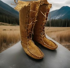 Vintage Minnetonka 1422 Womens 8 M Brown Suede Knee High Moccasin Boots