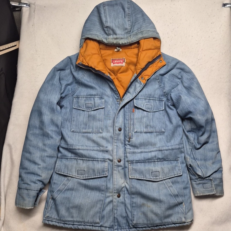 De Colección Años 70 Levis Jean Denim Chaqueta con Capucha Parka Naranja Pestaña Talla M Garra Grande Cremallera Foto 2 de 4