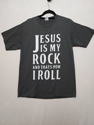Christian T-Shirt Men's Sz L Jesus Is My Rock & That s How I Roll Charcoal Gray